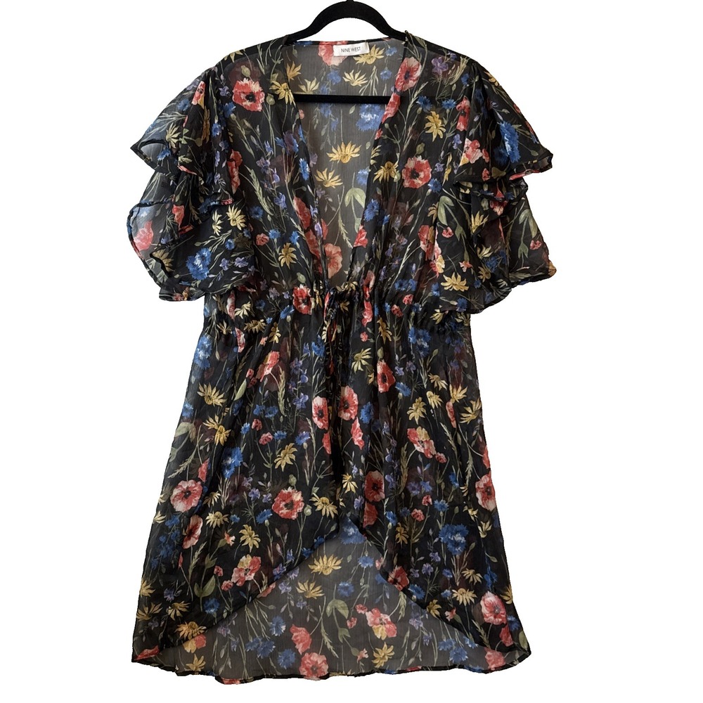 Nine West Floral Sheer Chiffon Ruffle Hi Lo Tie Waist Cover Up Dress OS Boho